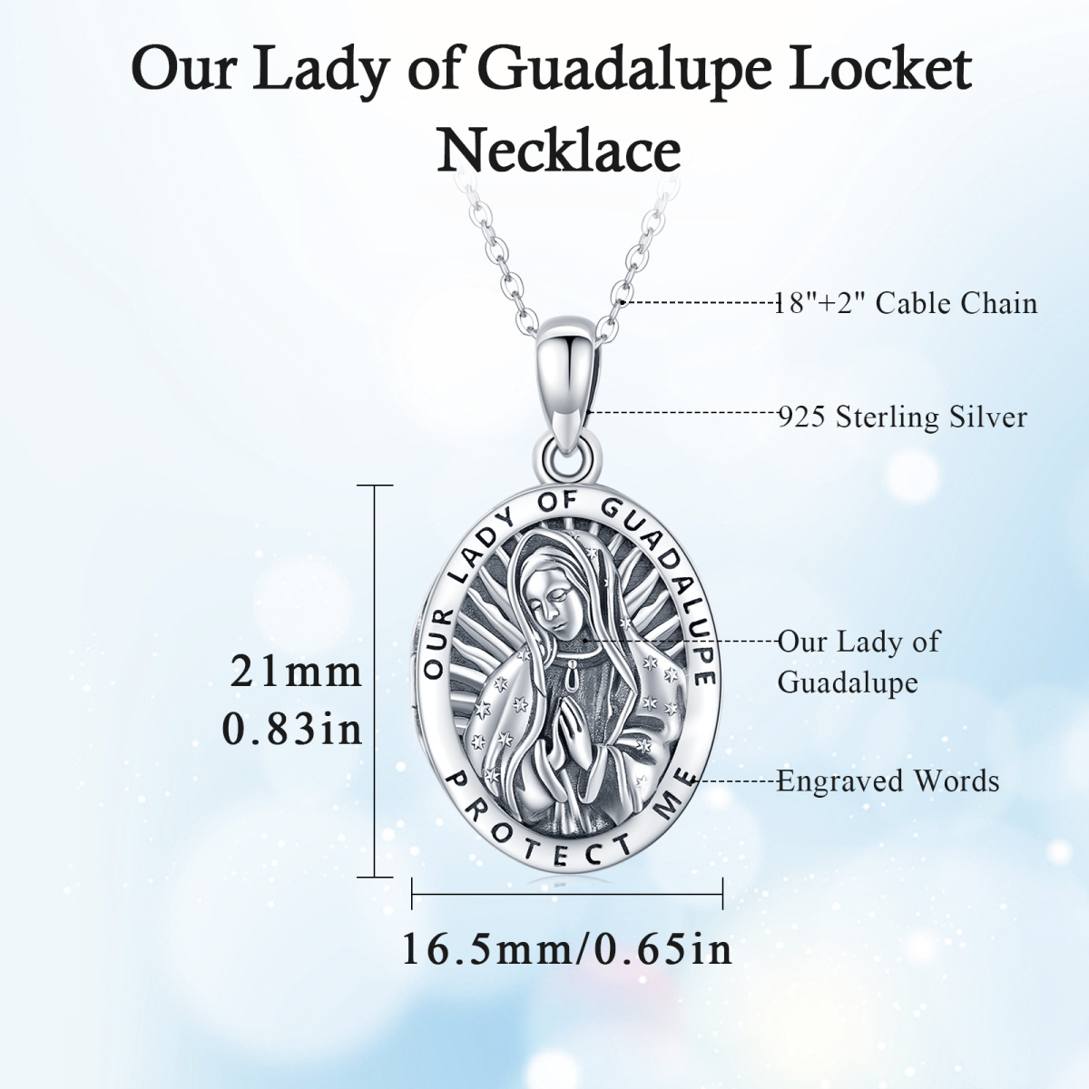 Collar de plata de ley personalizado con foto y colgante de Nuestra Señora de Guadalupe co-7