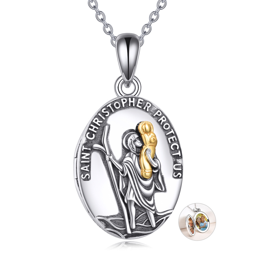 Sterling Silber Heiliger Christophorus personalisierte Foto-Medaillon-Halskette für Frauen-1