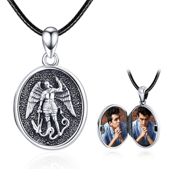 Sterling Silver Saint Michael Personalized Photo Locket Necklace With Engraved Word For Man