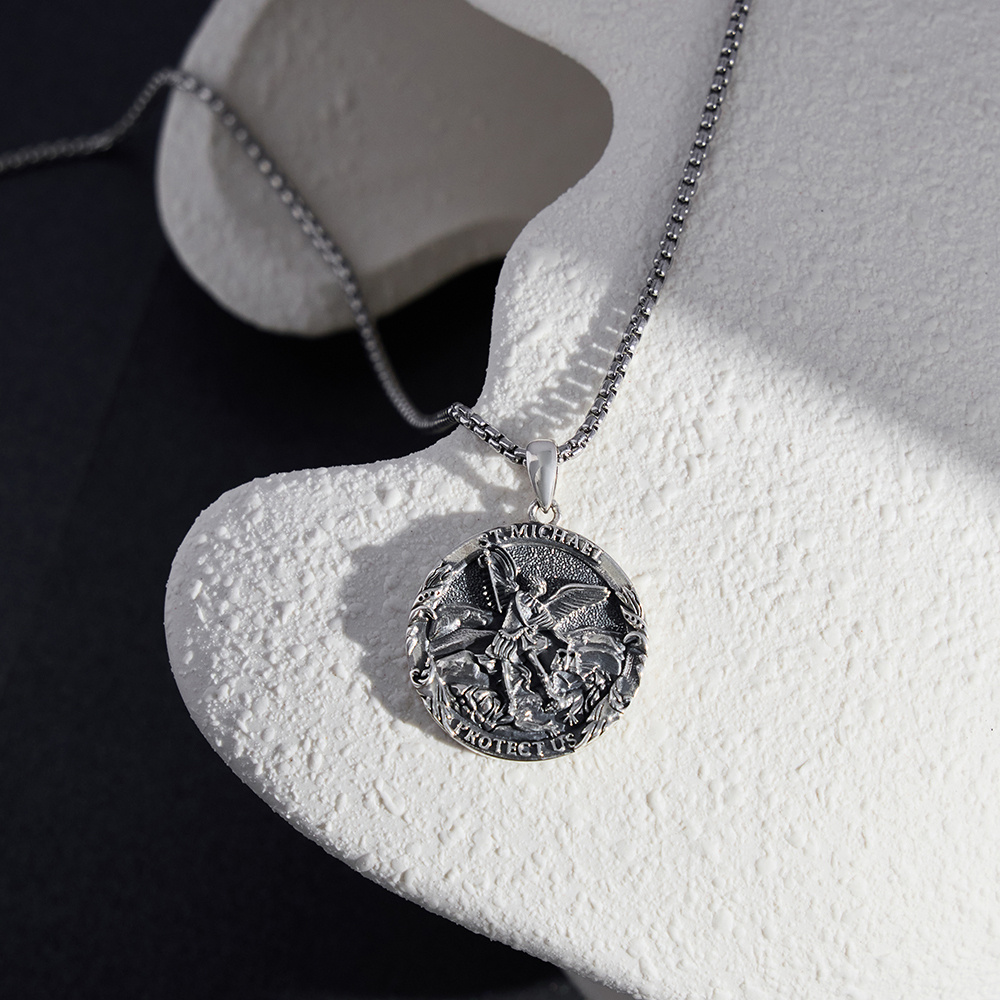 Sterling Zilveren Gepersonaliseerde Gravure Sint-Michaël Hanger Ketting met Gegraveerd Woord voor Mannen-4
