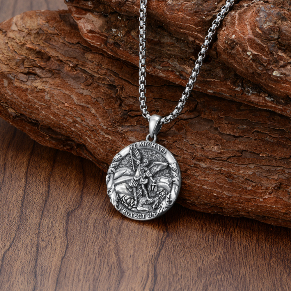 Sterling Zilveren Gepersonaliseerde Gravure Sint-Michaël Hanger Ketting met Gegraveerd Woord voor Mannen-6