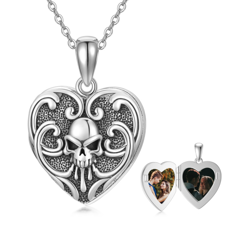 Sterling Silver Retro Silver Skull Personalized Photo Locket Necklace For Women-11
