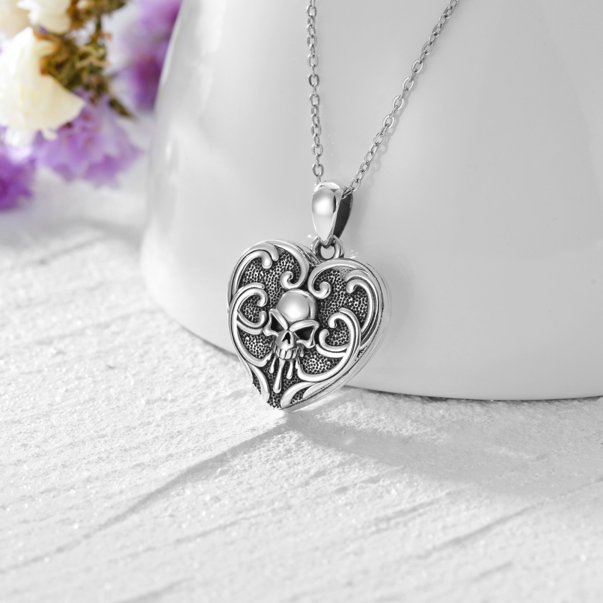 Collier avec médaillon photo personnalisé en argent sterling avec tête de mort rétro pour femme-4