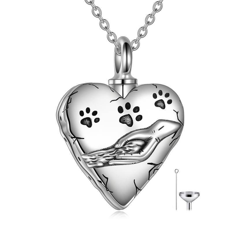 Collana in argento sterling con zampa e cuore per le ceneri di un animale domestico con parola incisa-1