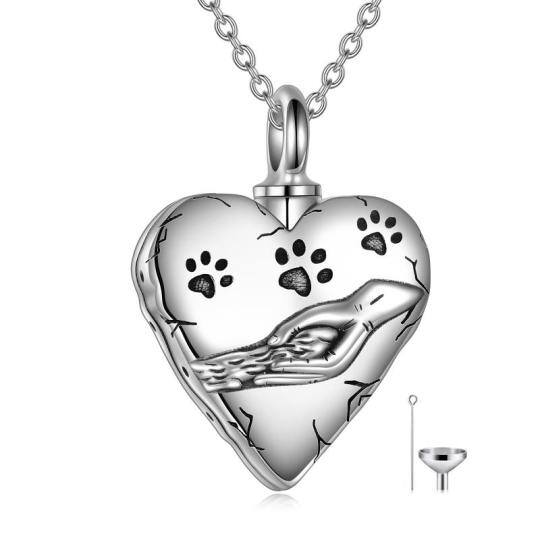 Sterling Silver Pet Paw & Heart Urn Necklace for Ashes with Engraved Word