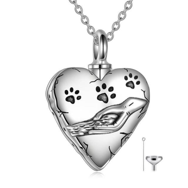 Collar de plata de ley con pata de mascota y corazón para cenizas con palabra grabada-1