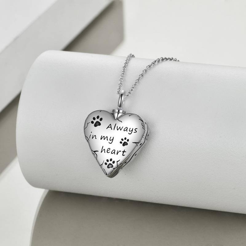 Collar de plata de ley con pata de mascota y corazón para cenizas con palabra grabada-3