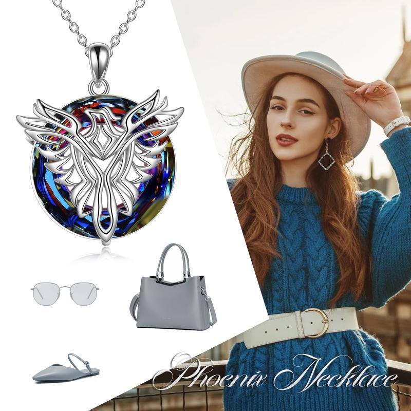 Sterling Silber Phönix Kreisförmig Lila Kristall Anhänger Halskette-6