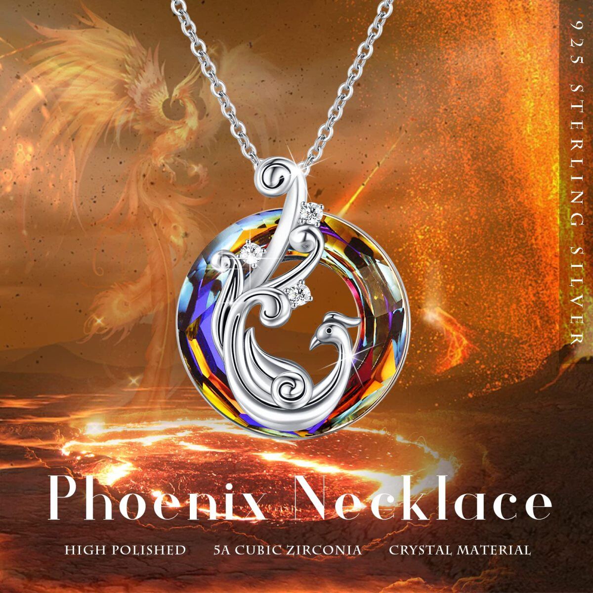 Sterling Silver Phoenix Crystal Pendant Necklace-5