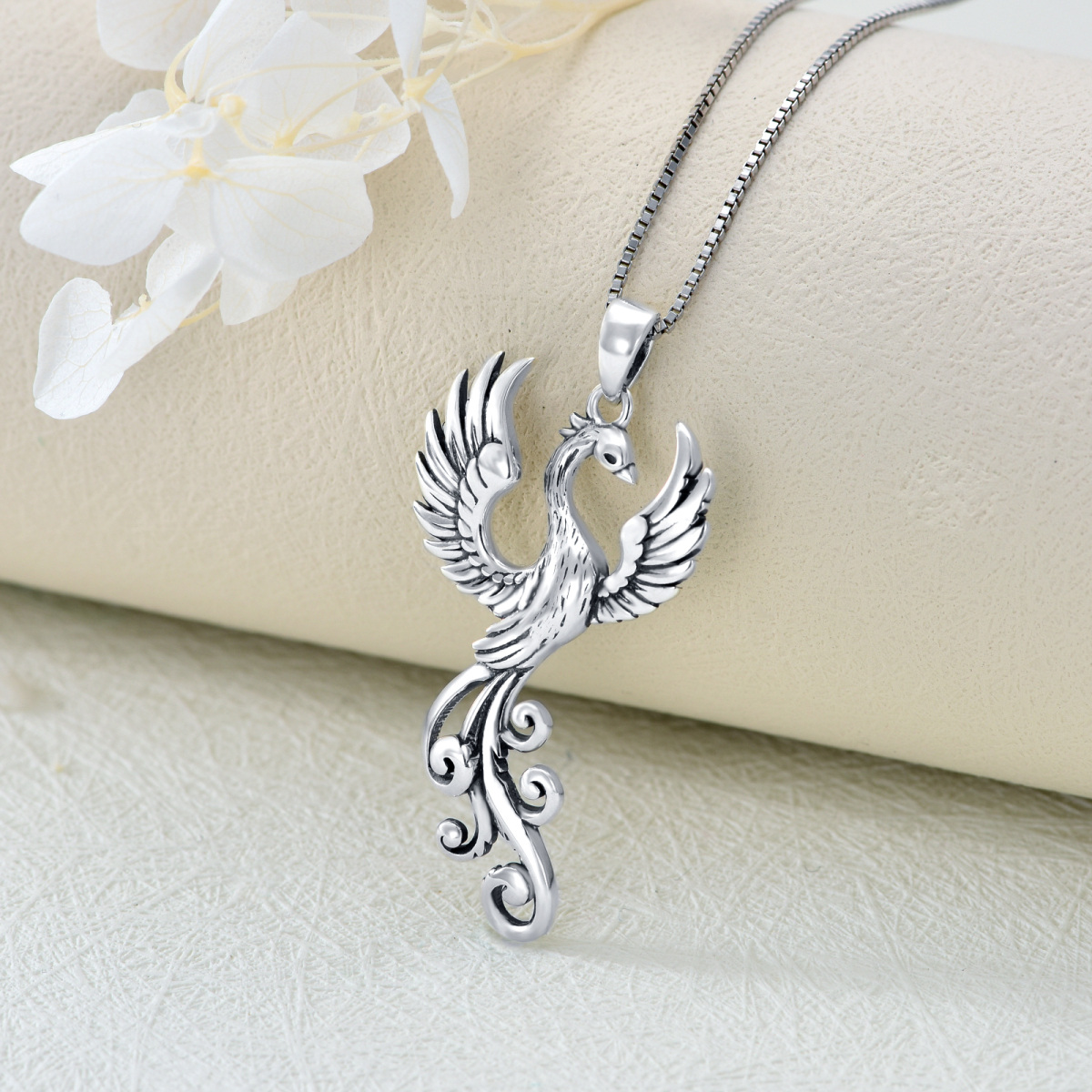 Collier à pendentif Phoenix en argent sterling avec chaîne en forme de boîte-3