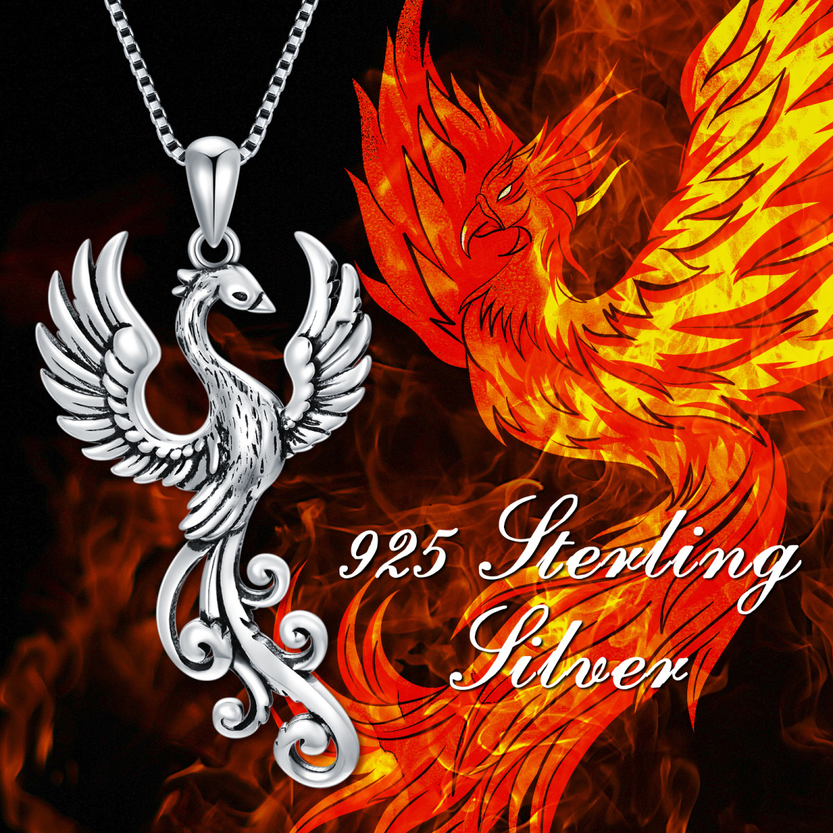 Sterling Silver Phoenix Pendant Necklace with Box Chain-5