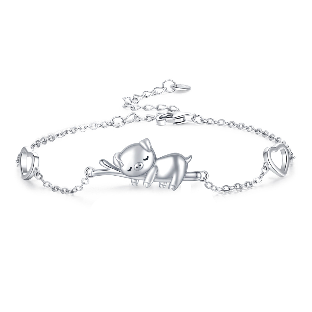 Sterling Silver Pig & Heart Charm Bracelet-1