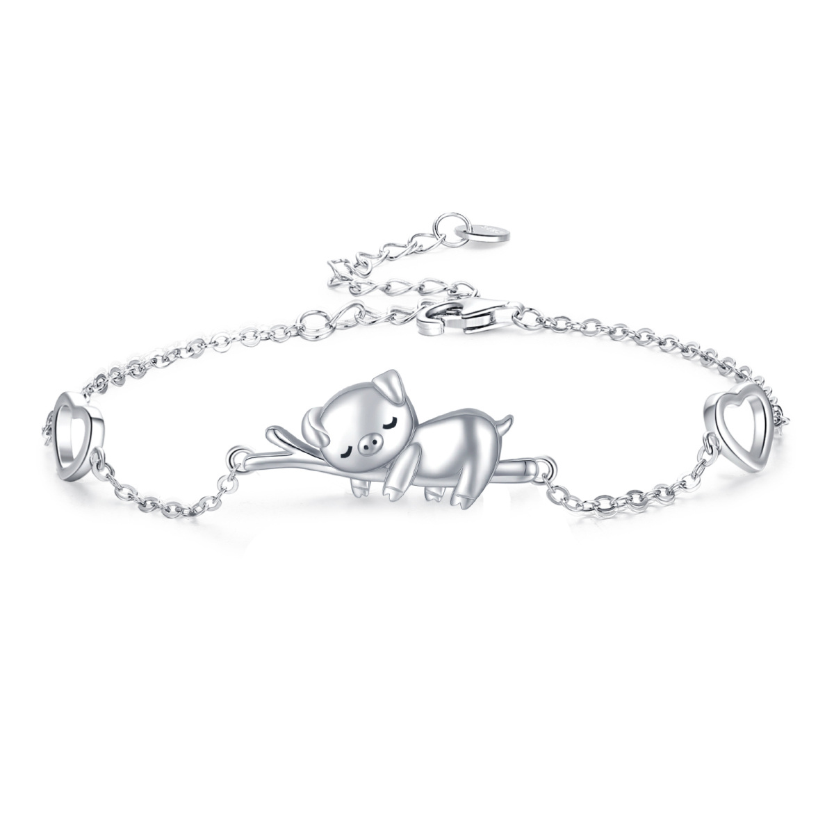 Sterling Silver Pig & Heart Charm Bracelet-1