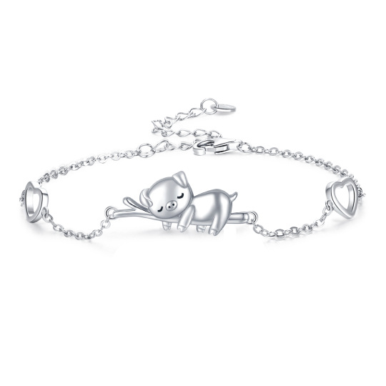 Bracciale con ciondolo a forma di cuore e maiale in argento sterling