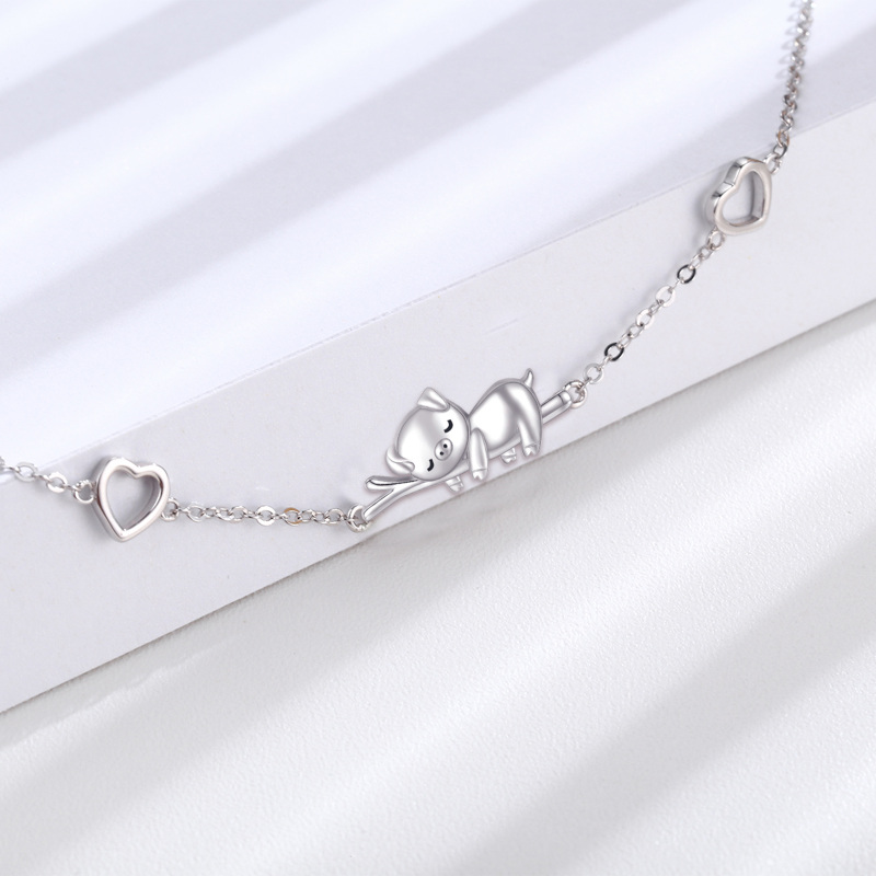Pulseira de prata esterlina com pingente de porco e coração-5