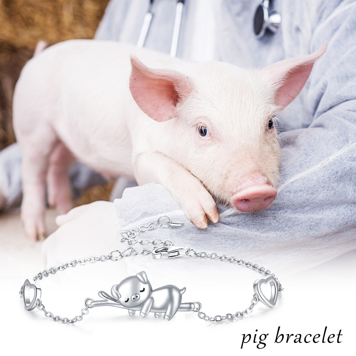 Sterling Silver Pig & Heart Charm Bracelet-6