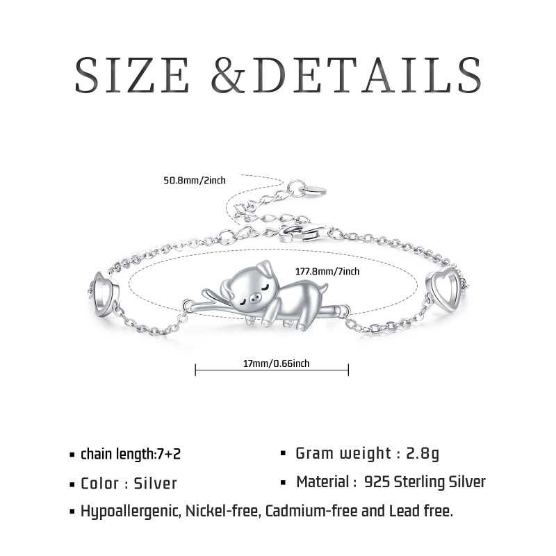 Pulseira de prata esterlina com pingente de porco e coração-7