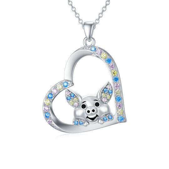 Sterling Silver Cubic Zirconia Pig & Heart Pendant Necklace