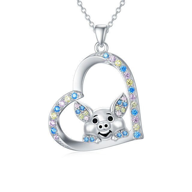 Sterling Silver Cubic Zirconia Pig & Heart Pendant Necklace-4