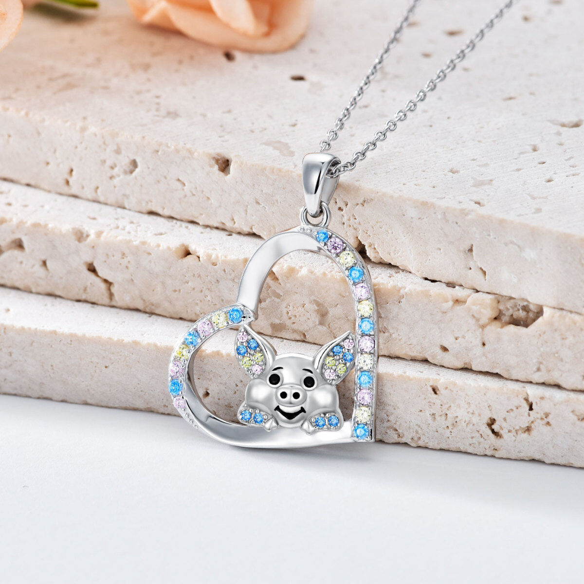 Sterling Silber Cubic Zirkonia Schwein & Herz-Anhänger Halskette-3