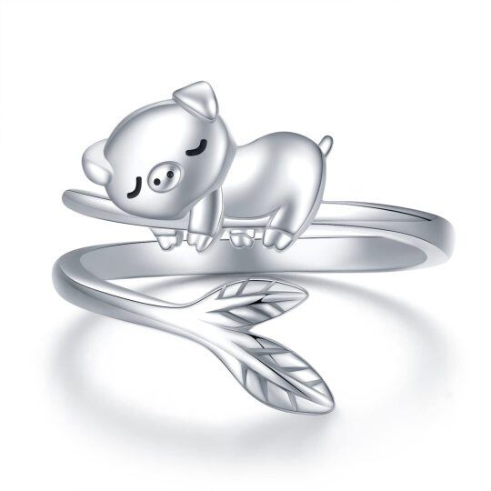 Sterling Silver Pig & Leaves Open Ring