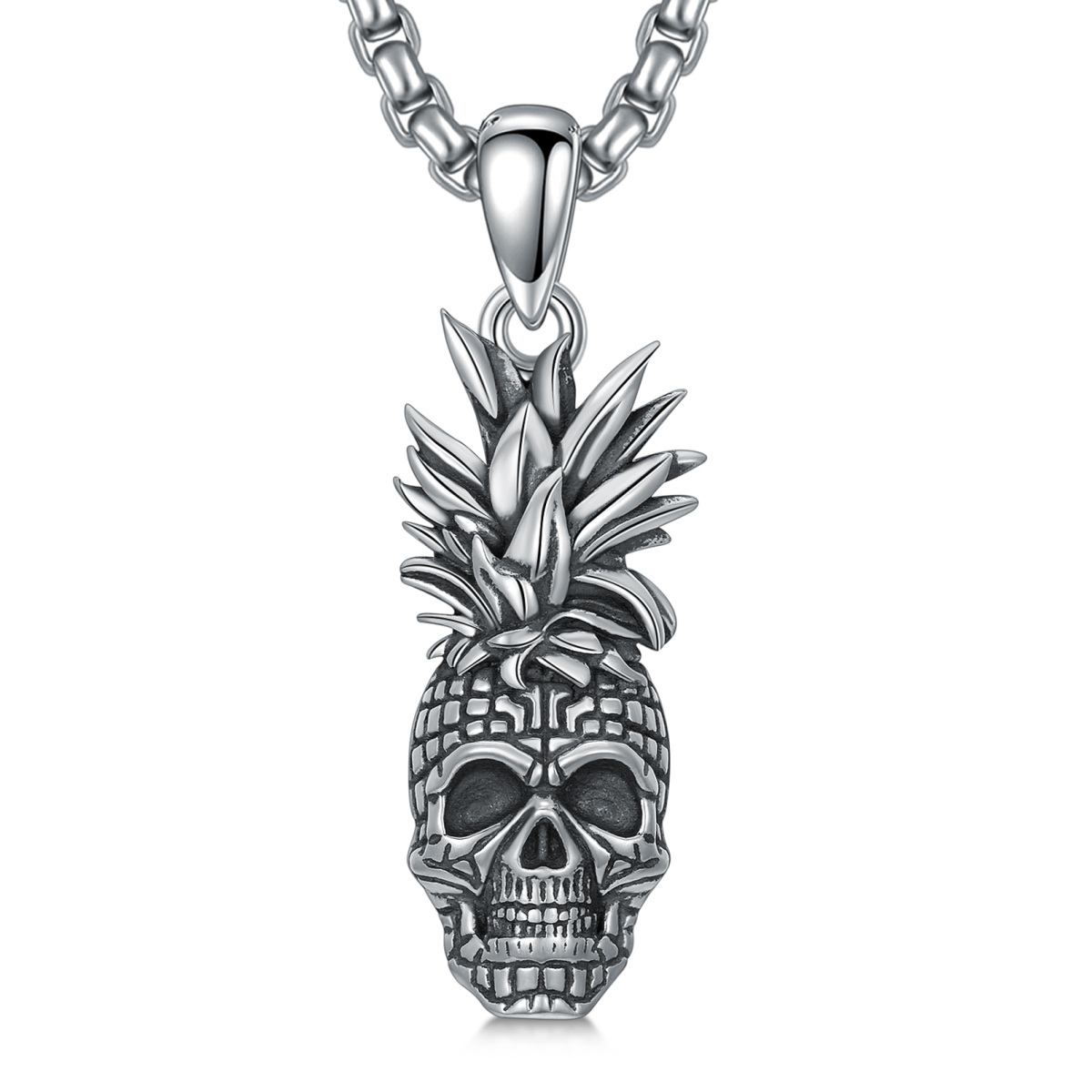 Collier avec pendentif en forme de tête de mort et d'ananas en argent sterling-1