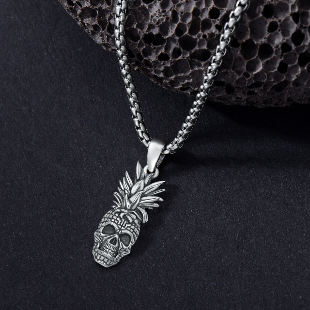 Sterling Silver Pineapple & Skull Pendant Necklace-3