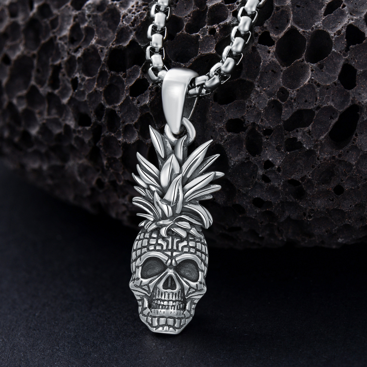 Sterling Silver Pineapple & Skull Pendant Necklace-4