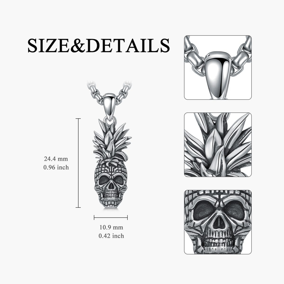 Sterling Silver Pineapple & Skull Pendant Necklace-5