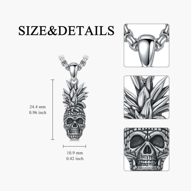 Collier avec pendentif en forme de tête de mort et d'ananas en argent sterling-5