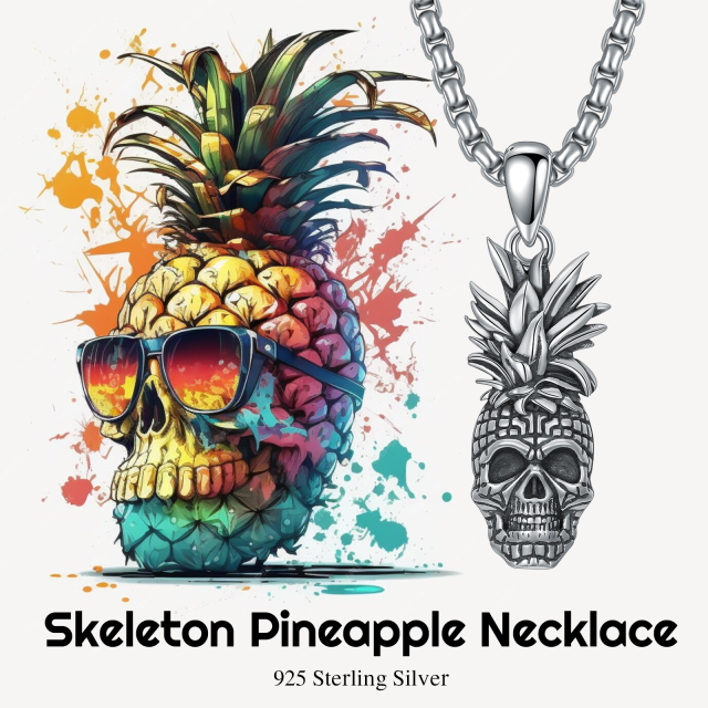 Sterling Silver Pineapple & Skull Pendant Necklace-6