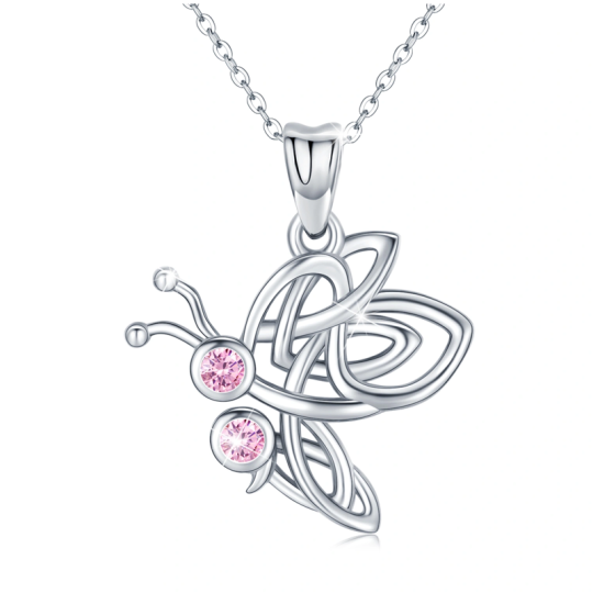 Sterling Silver Pink Cubic Zirconia Celtic Knot Butterfly Pendant Necklace for Women