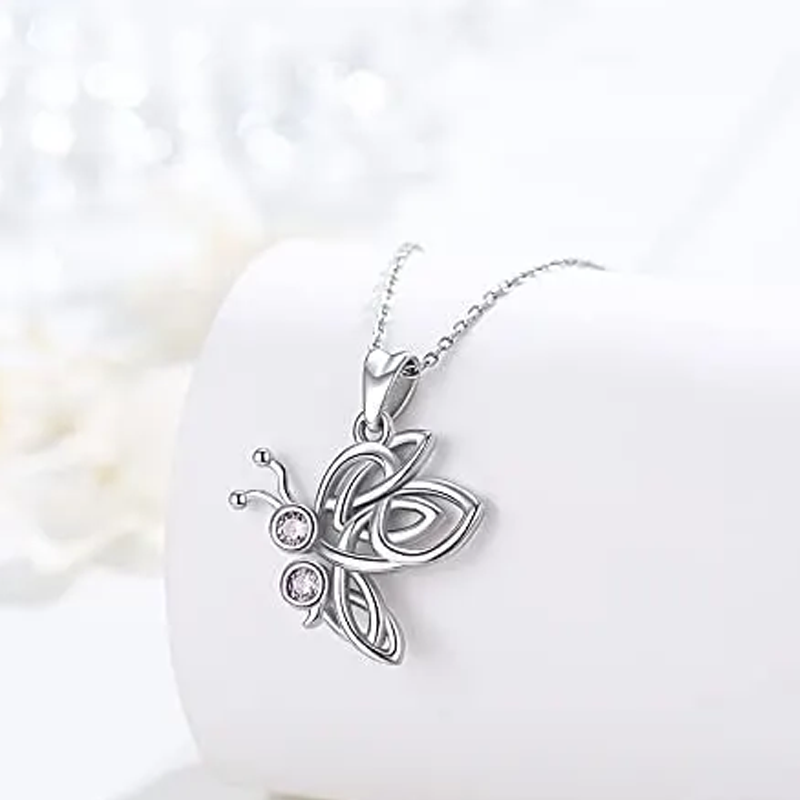 Collar con colgante de mariposa con nudo celta y circonita cúbica rosa en plata de ley para mujer-4