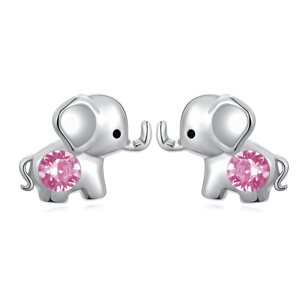 Sterling Silver Pink Circular Shaped Crystal Elephant Stud Earrings-1