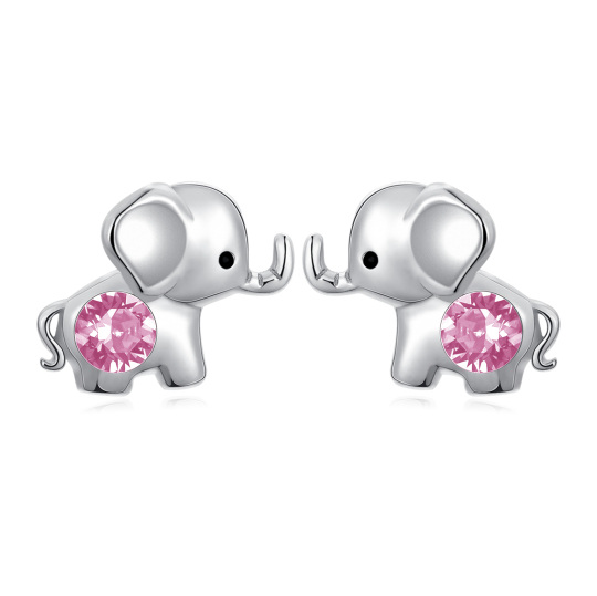 Sterling Silver Pink Circular Shaped Crystal Elephant Stud Earrings