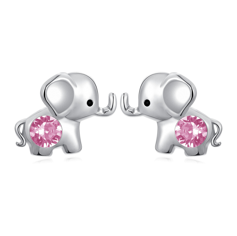 Brincos de pino de elefante de cristal em formato circular rosa de prata esterlina-11