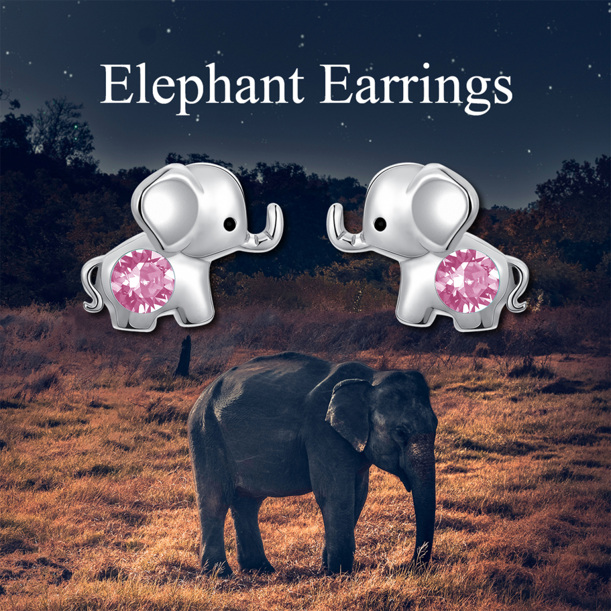 Sterling Silver Pink Circular Shaped Crystal Elephant Stud Earrings-6