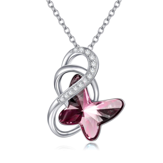 Sterling Silver Pink Crystal Butterfly Infinity Symbol Pendant Necklace for Women