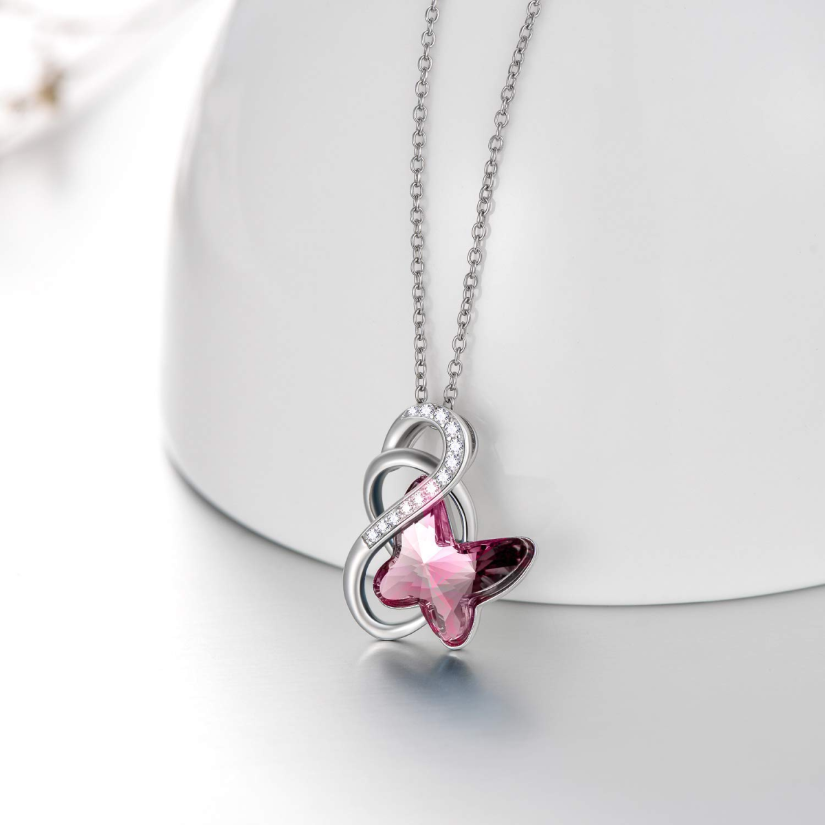 Collar con colgante de mariposa de cristal rosa y símbolo del infinito en plata de ley para mujer-3