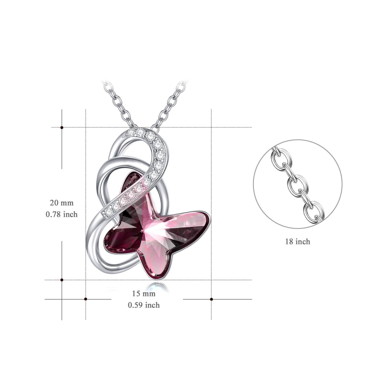 Collier avec pendentif en argent sterling et cristal rose avec symbole de l'infini et papillon pour femme-5