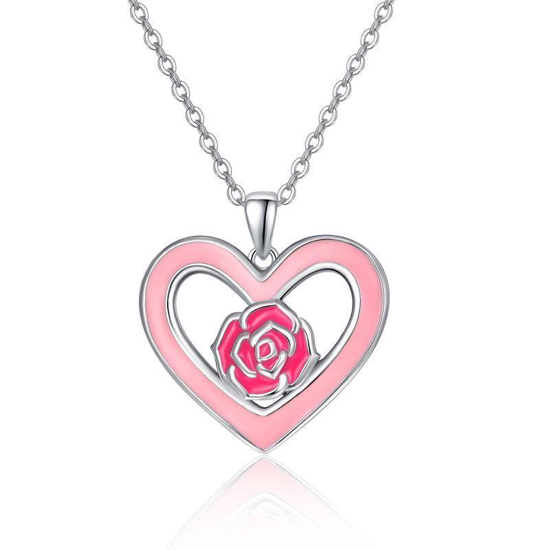 Collana con ciondolo a forma di cuore e rosa in argento sterling-1