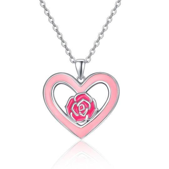 Sterling Silver Pink Heart & Rose Pendant Necklace