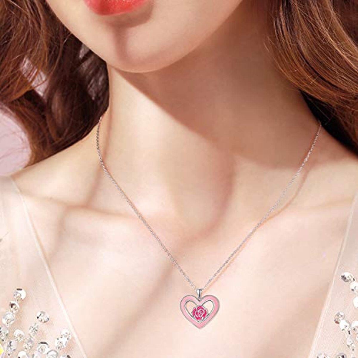 Collana con ciondolo a forma di cuore e rosa in argento sterling-2