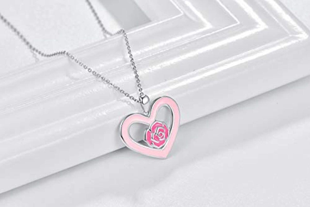 Collier en argent sterling avec pendentif cœur rose et rose-3