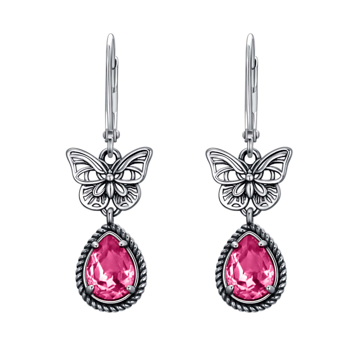 Boucles d'oreilles à levier en argent sterling avec cristal rose et papillon pour femme-1