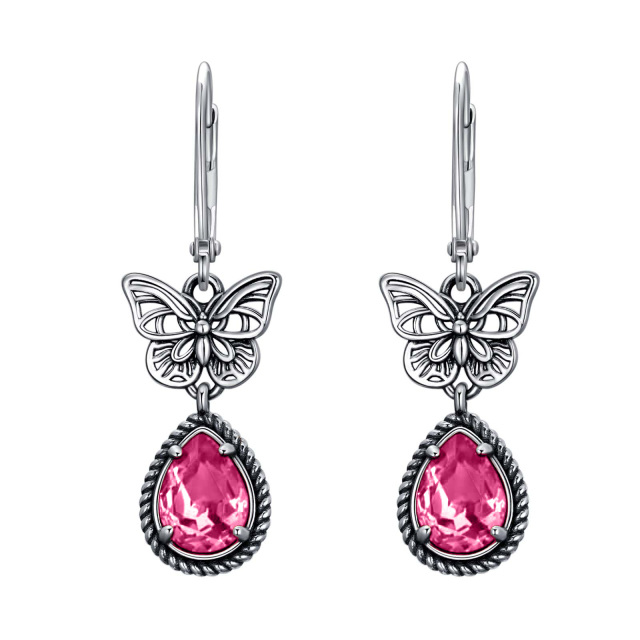 Sterling Silver Pink Pear Crystal Butterfly Lever-back Earrings for Women-1