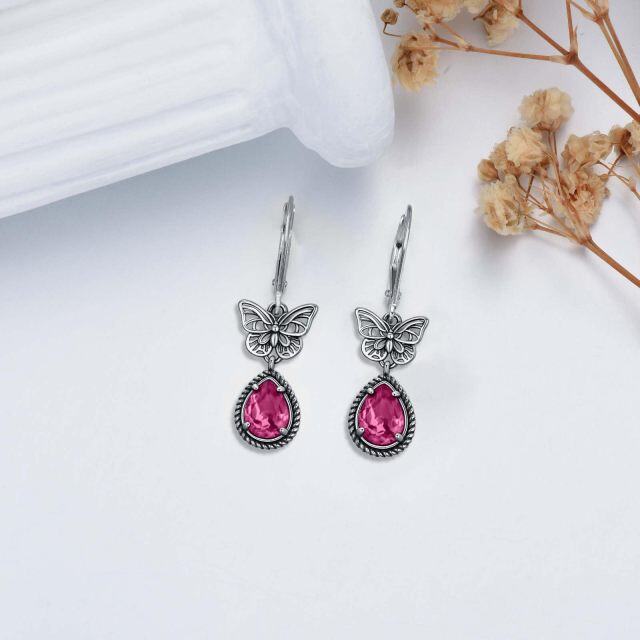 Sterling Silver Pink Pear Crystal Butterfly Lever-back Earrings for Women-3