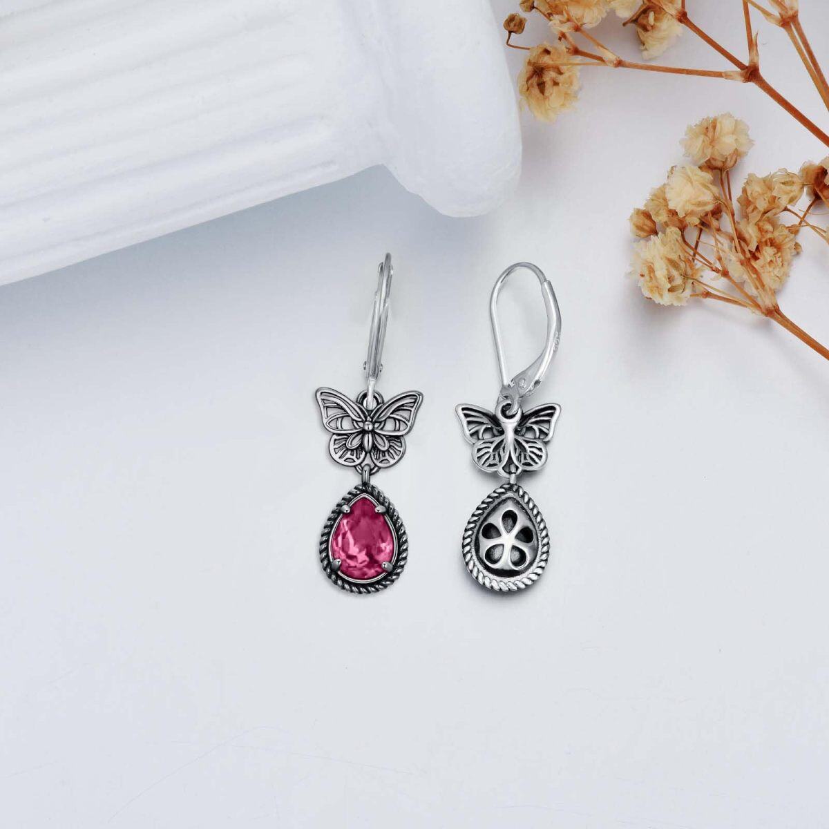 Pendientes de plata de ley con cierre de palanca en forma de mariposa y cristales de pera rosa para mujer-4