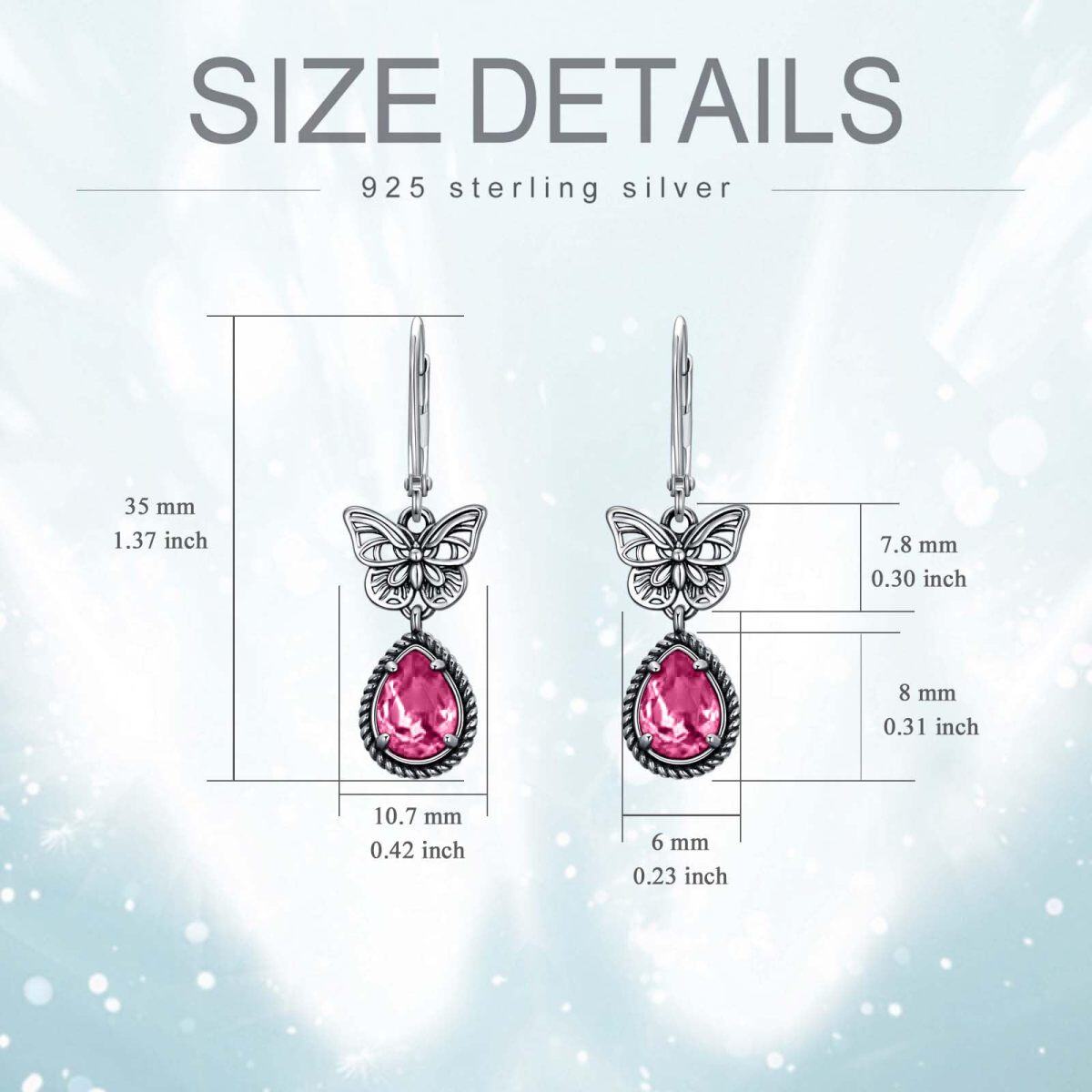 Sterling Silver Pink Pear Crystal Butterfly Lever-back Earrings for Women-5