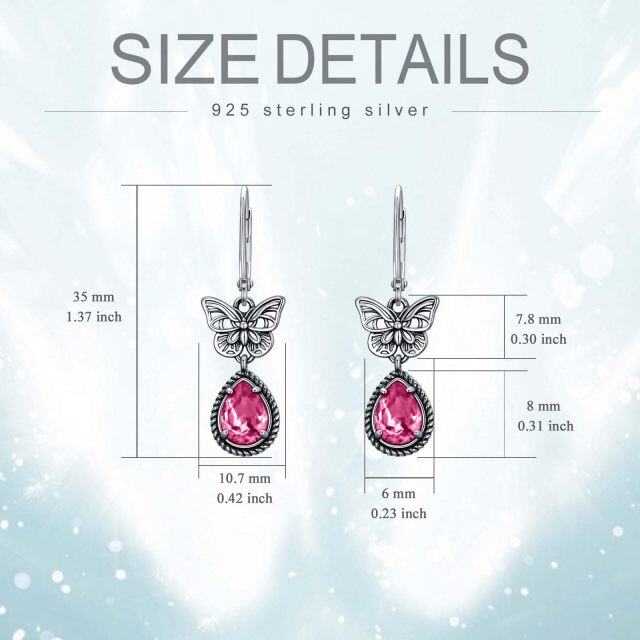 Sterling Silver Pink Pear Crystal Butterfly Lever-back Earrings for Women-5